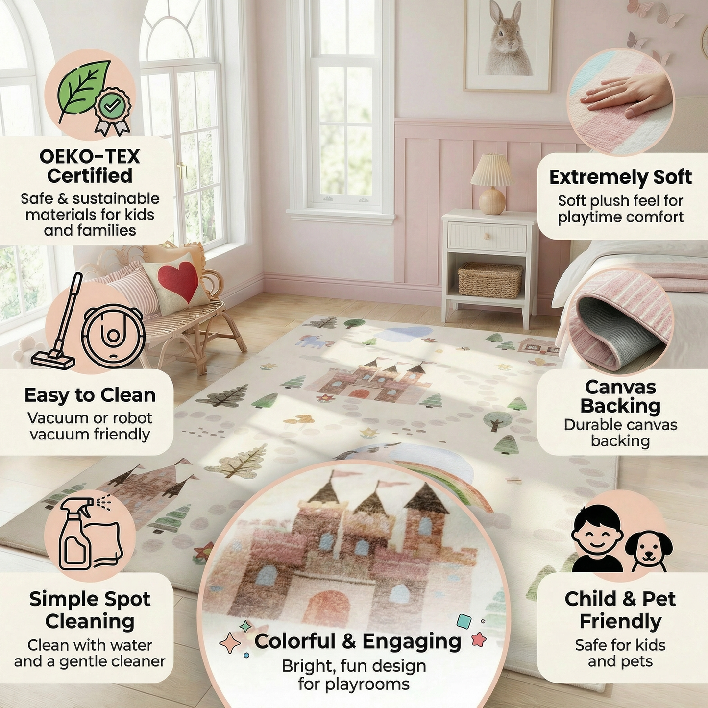 Tapete educativo blanco suave de Soft Steps con unicornios, castillo y mapa de carreteras