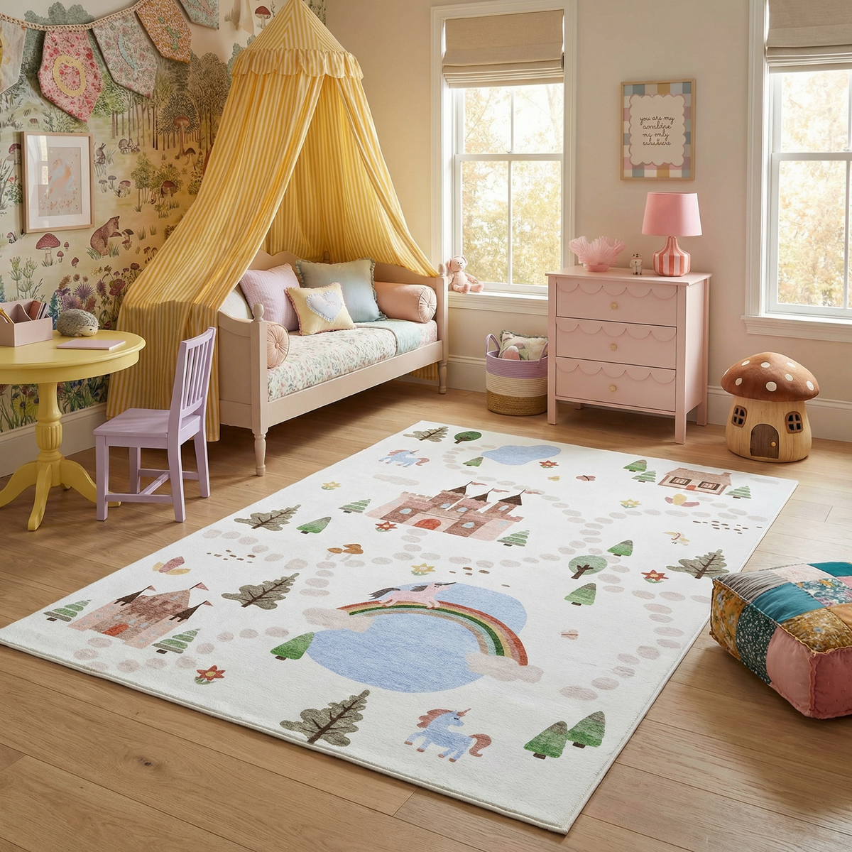 Alfombra infantil de área Everly Unicornio Castillo Blanco y Azul Fantasía