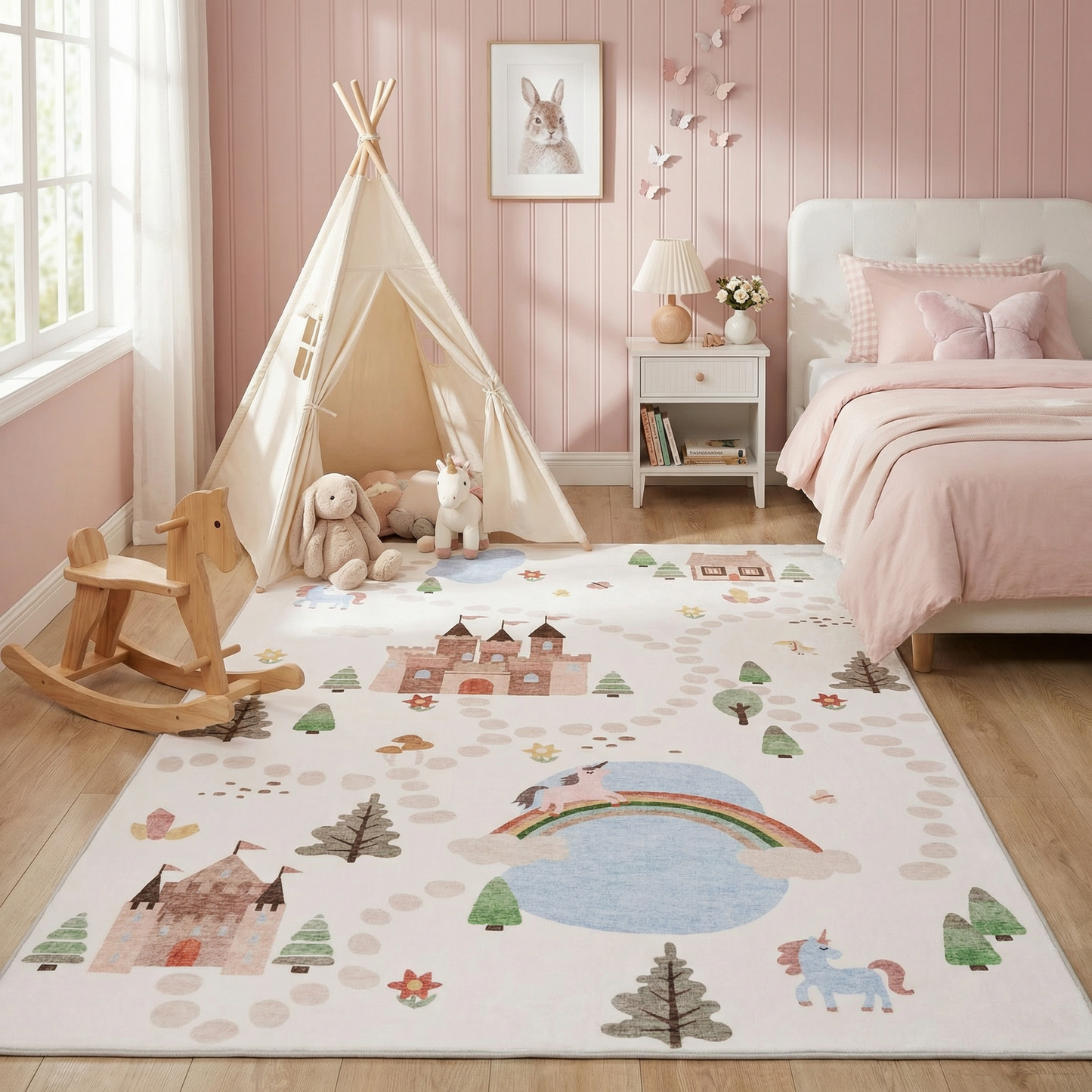 Tapete educativo blanco suave de Soft Steps con unicornios, castillo y mapa de carreteras