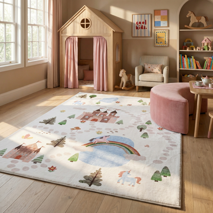 Tapete educativo blanco suave de Soft Steps con unicornios, castillo y mapa de carreteras