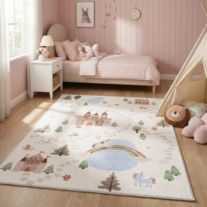 Tapete educativo blanco suave de Soft Steps con unicornios, castillo y mapa de carreteras