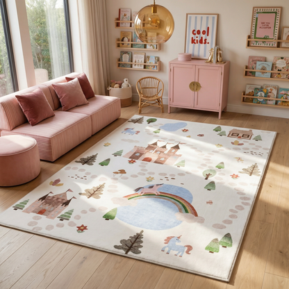 Tapete educativo blanco suave de Soft Steps con unicornios, castillo y mapa de carreteras