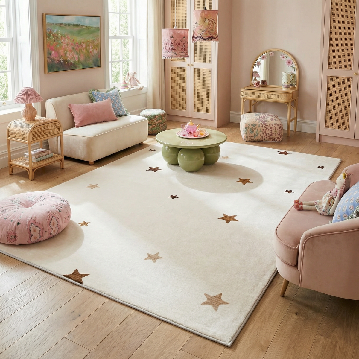 Alfombra Stella Estrellas Suaves Crema para Sala de Juegos Infantil de Interior