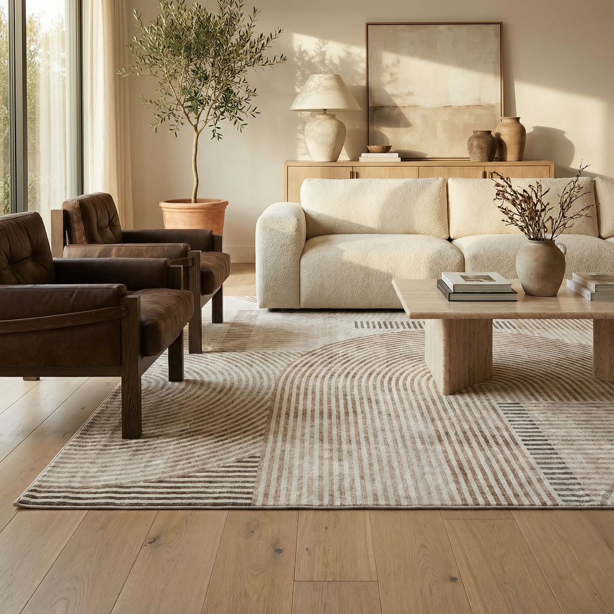 Elys Geometric Contemporary Beige and Brown Indoor Rug