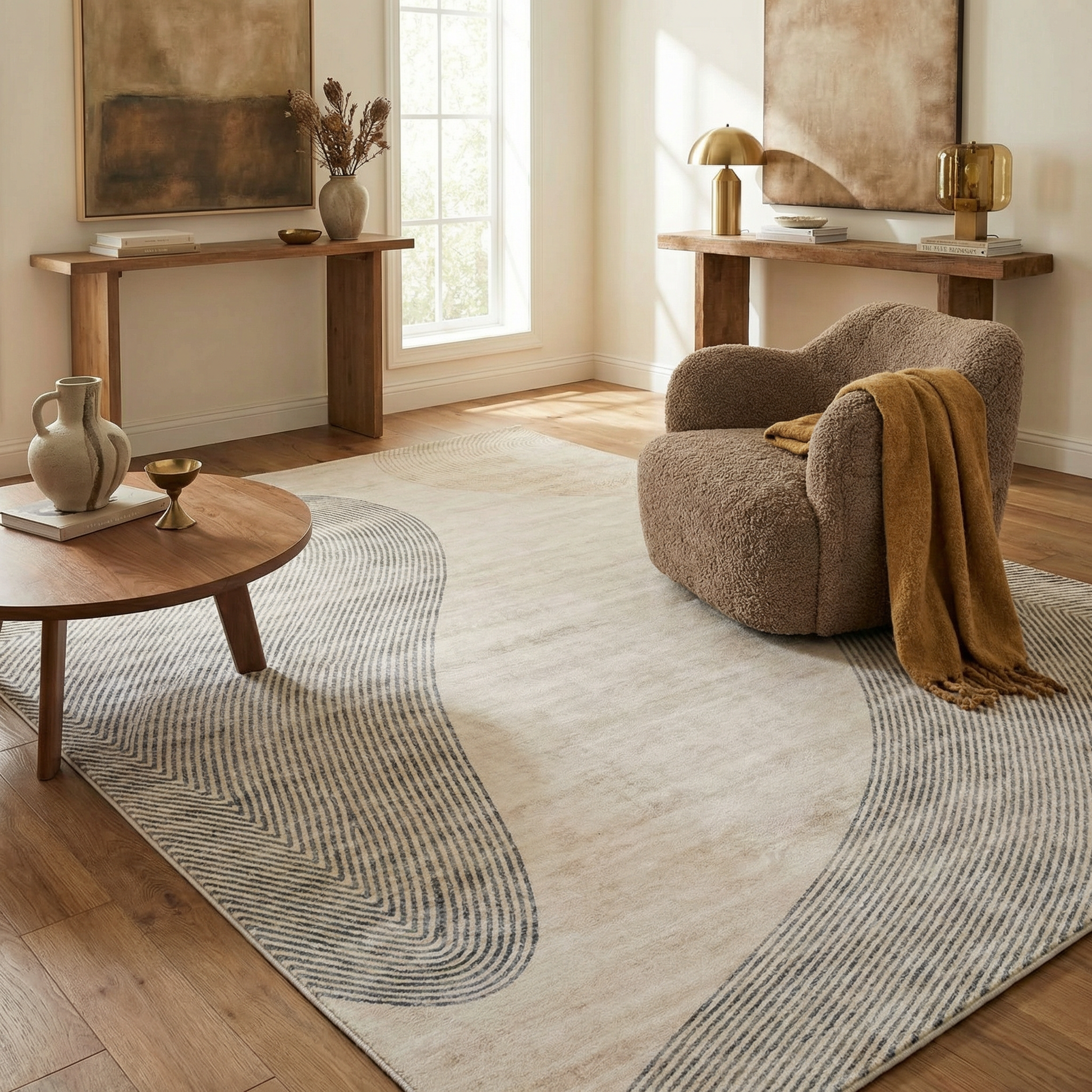 Evara Abstract Contemporary Beige and Brown Indoor Rug-2