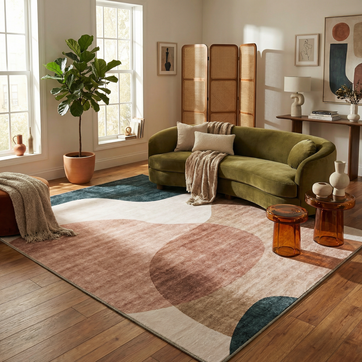 Calma Abstract Contemporary Cream and Green Indoor Rug-4