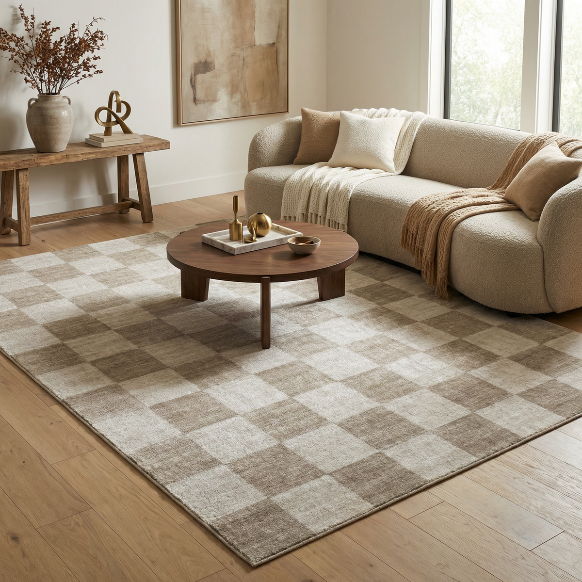 Emil Checkered Contemporary Beige and Brown Indoor Rug