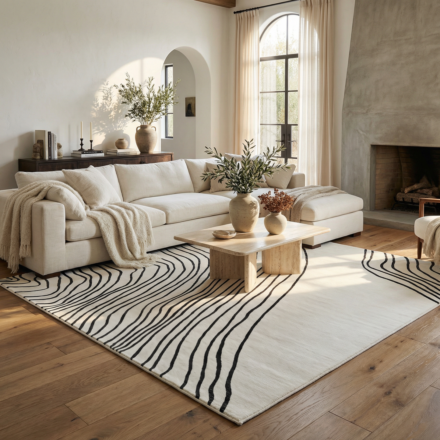 Nami Abstract Line Contemporary White and Black Indoor Rug-3