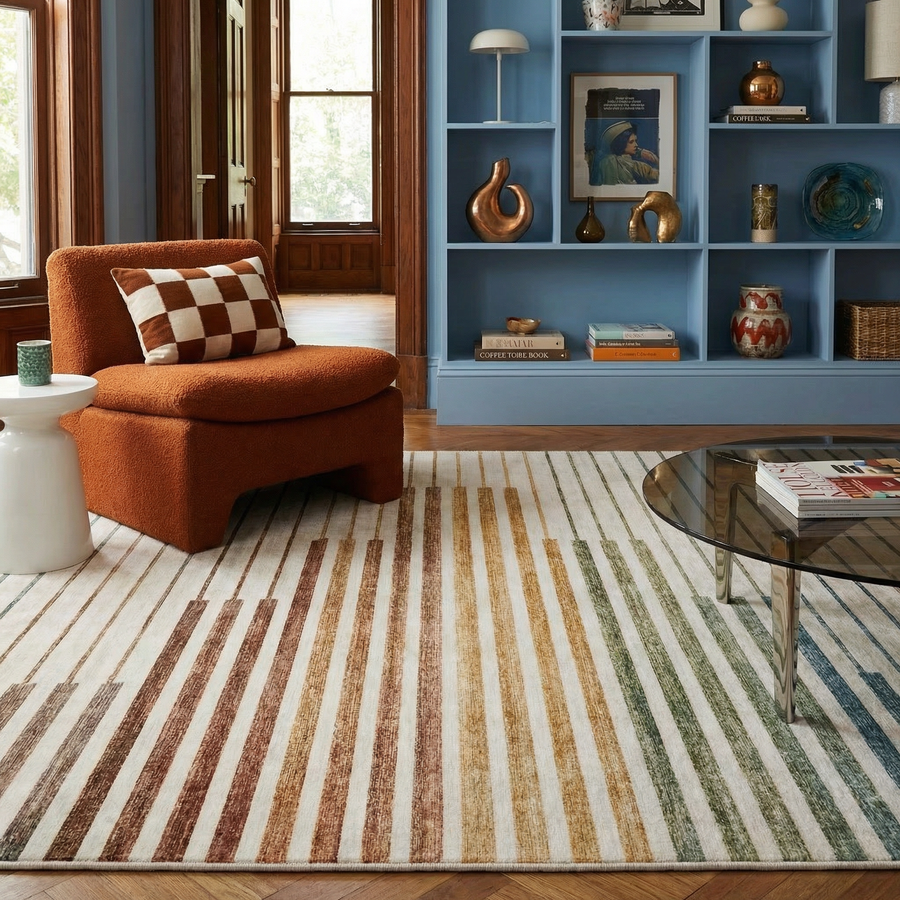 Elias Abstract Striped Contemporary White and Beige Indoor Rug