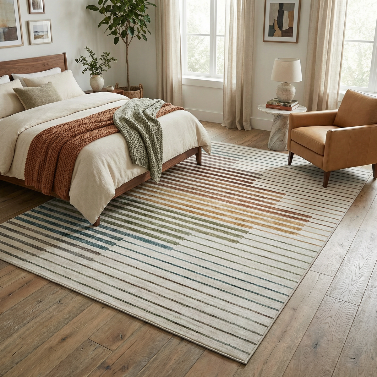 Elias Abstract Striped Contemporary White and Beige Indoor Rug