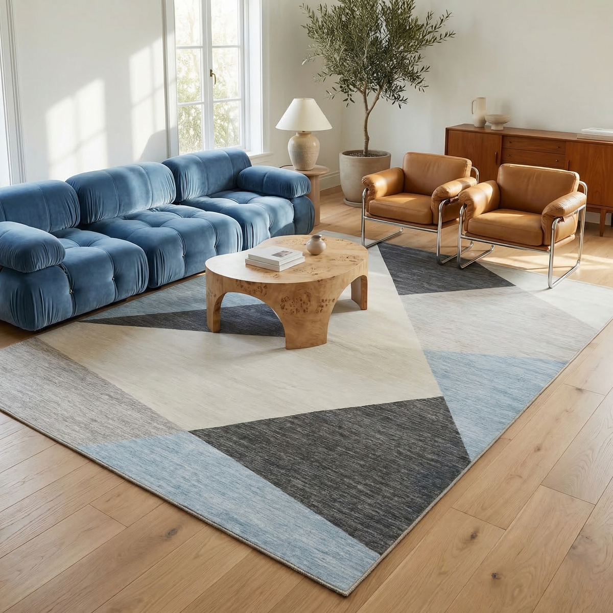 Tapis bleu abstrait moderne du milieu du siècle Eclipse