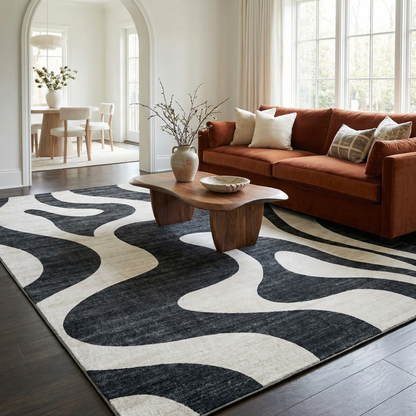 Elliot Abstract Wave Contemporary Black and White Indoor Rug-2