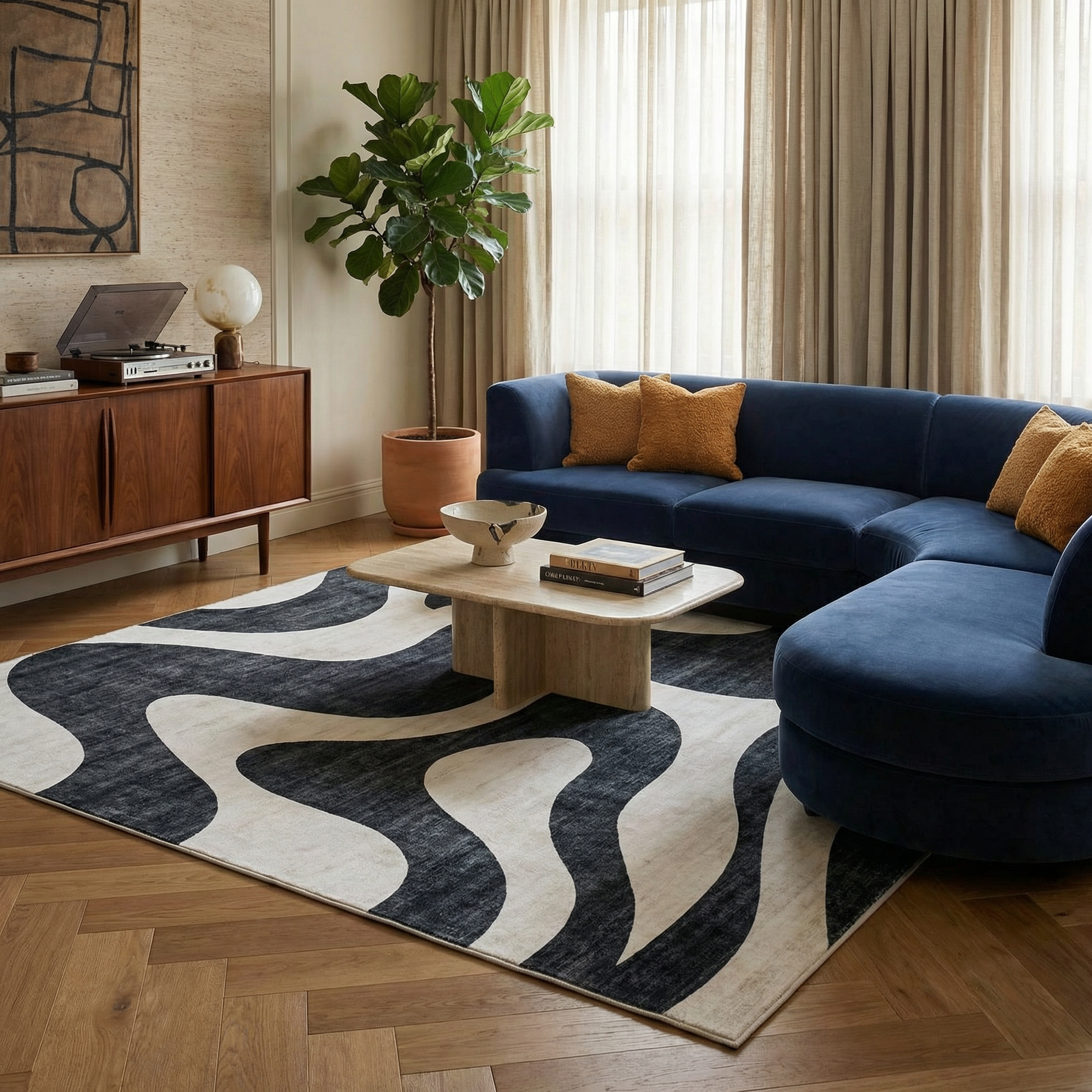 Elliot Abstract Wave Contemporary Black and White Indoor Rug-3