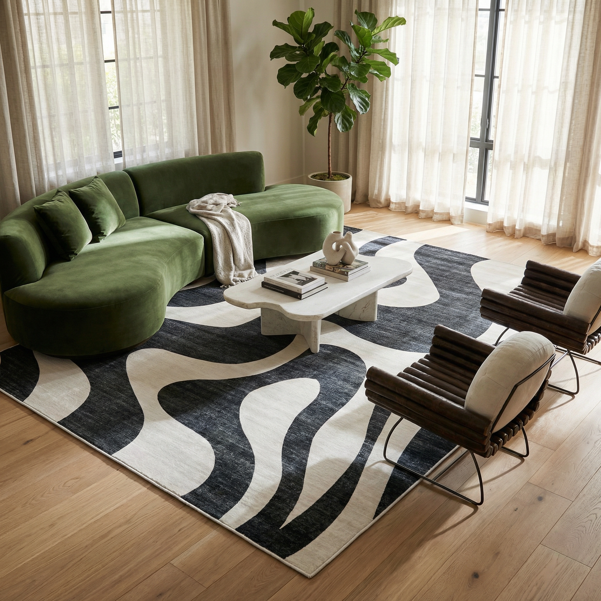 Elliot Abstract Wave Contemporary Black and White Indoor Rug-4