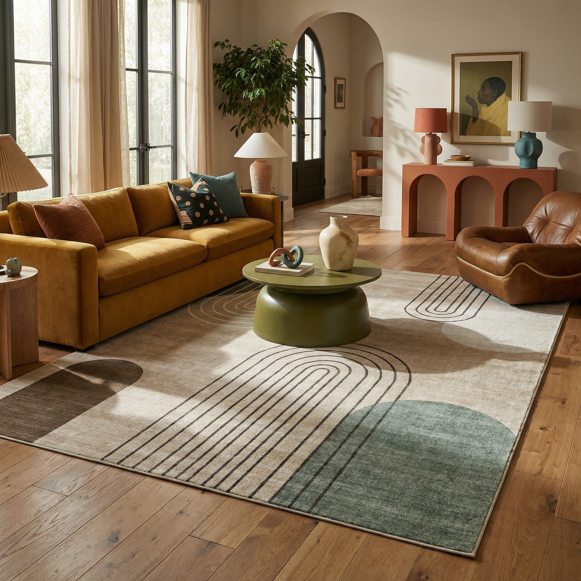 Arlo Abstract Mid-Century Modern Beige and Green Indoor Rug-3