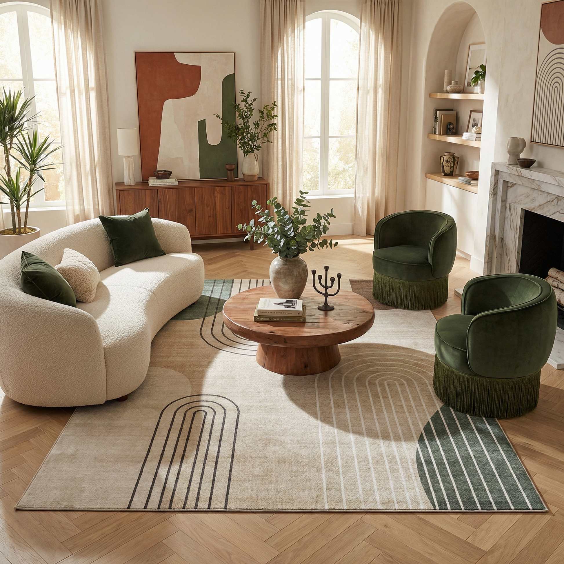 Arlo Abstract Mid-Century Modern Beige and Green Indoor Rug-4