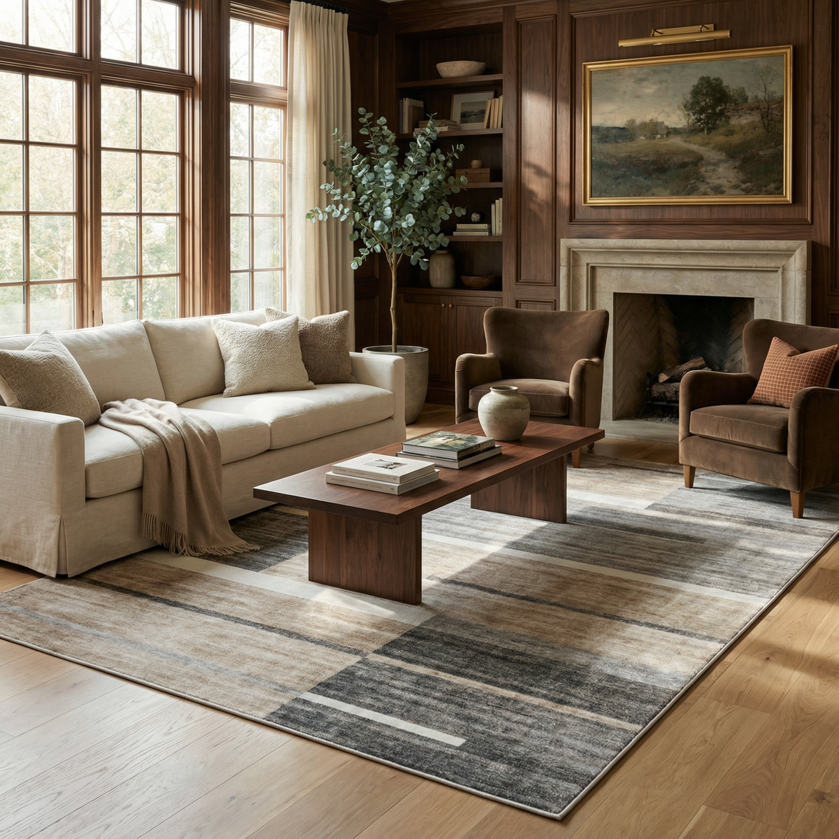 Tapis marron géométrique moderne du milieu du siècle Eclipse
