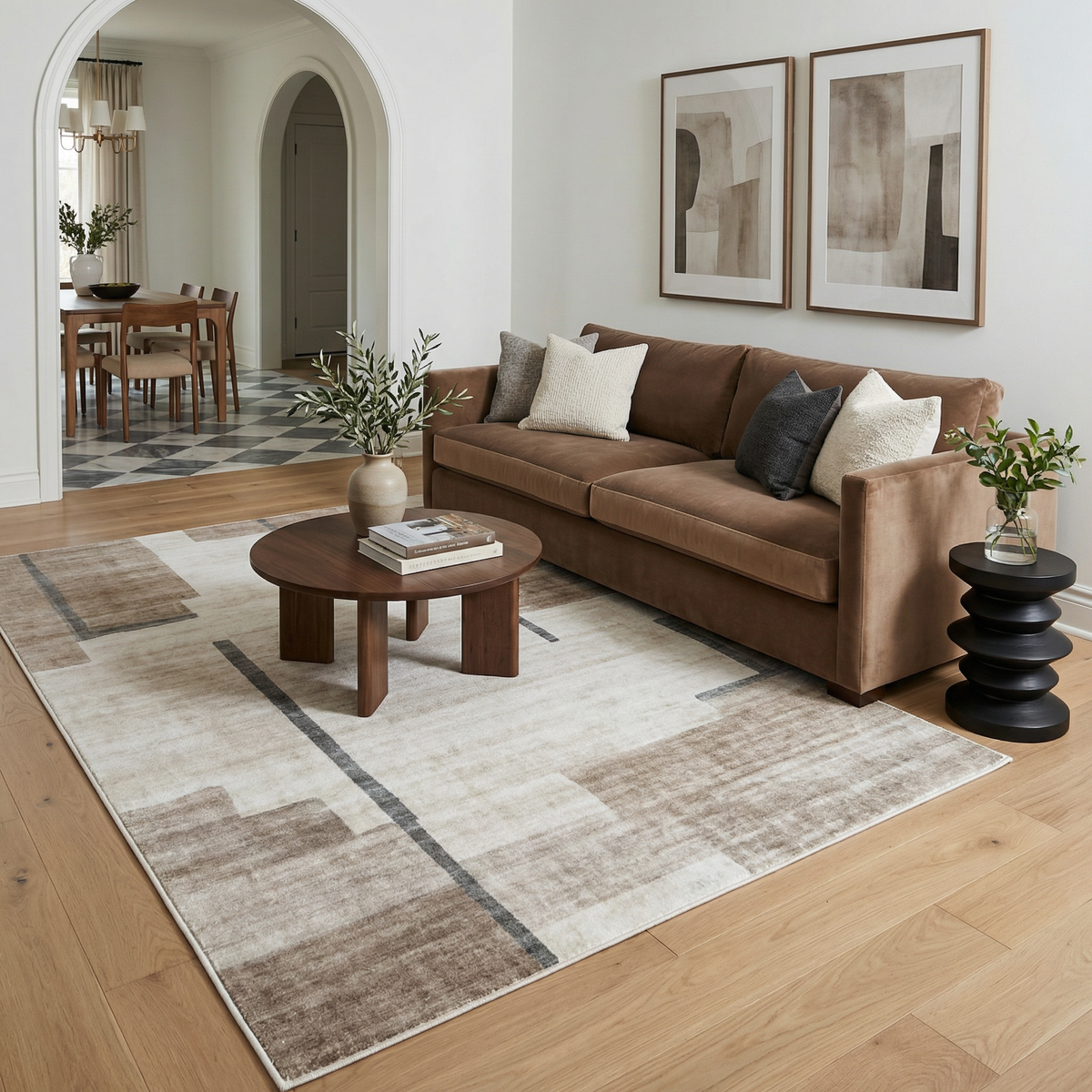 Tapis beige géométrique moderne du milieu du siècle Eclipse