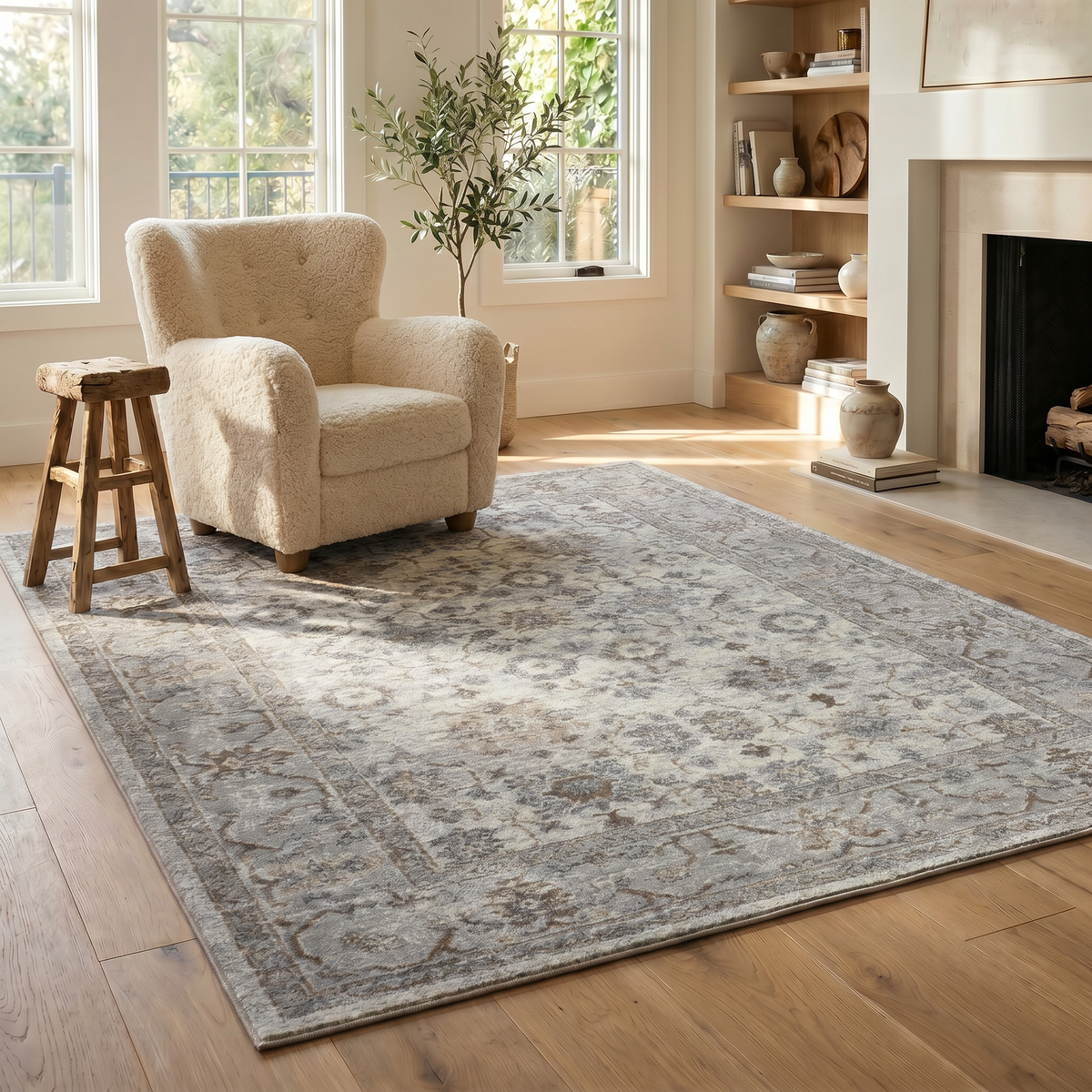 Hala Oriental Floral Traditional Grey and Brown Indoor Rug