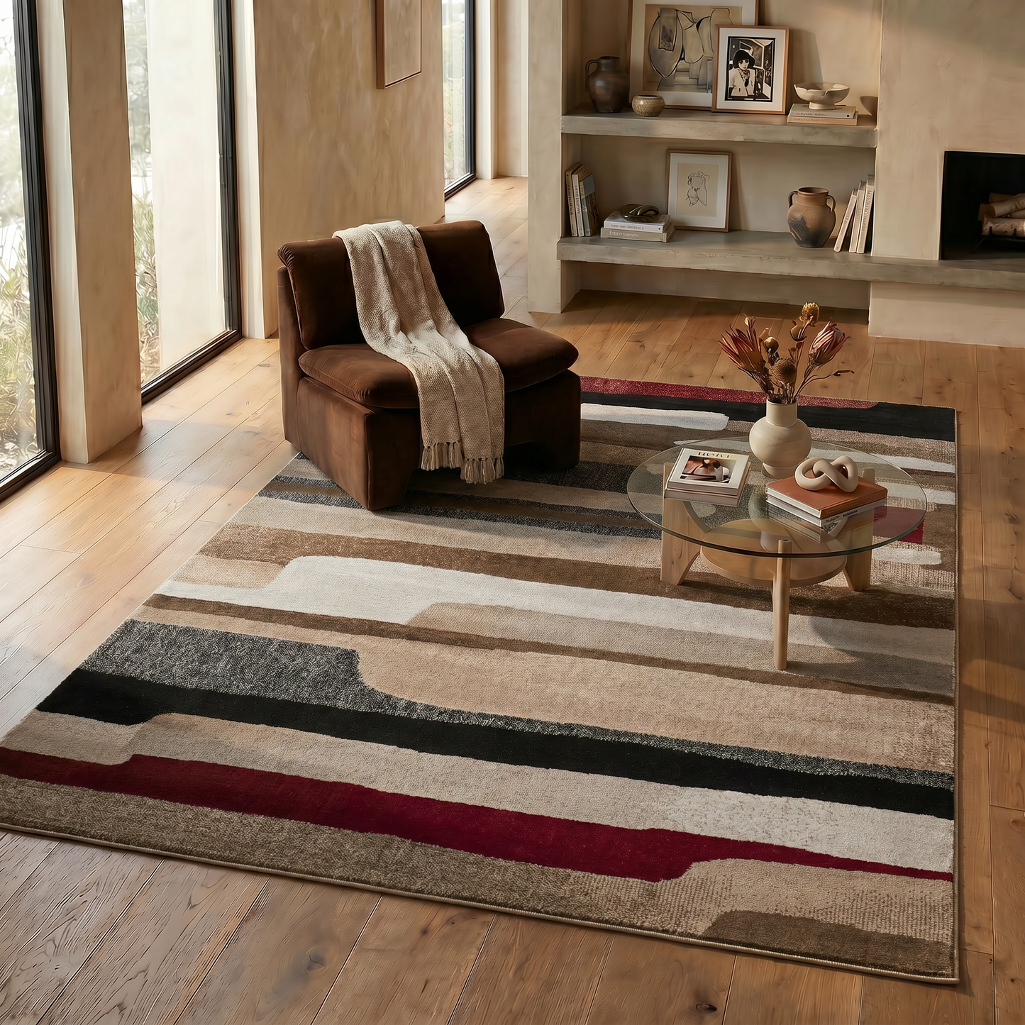 Alfombra abstracta marrón moderna de mediados de siglo de Sakarya