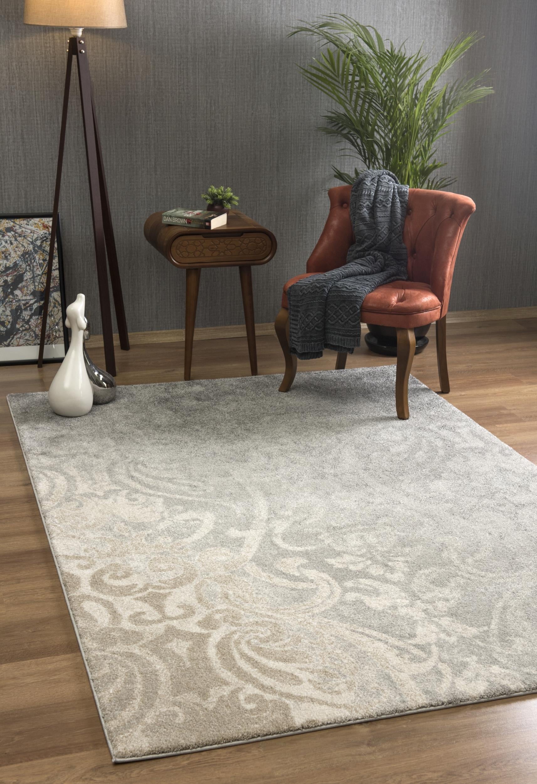 Adrian Distressed Damask Transitional Grey and Beige Indoor Rug-4