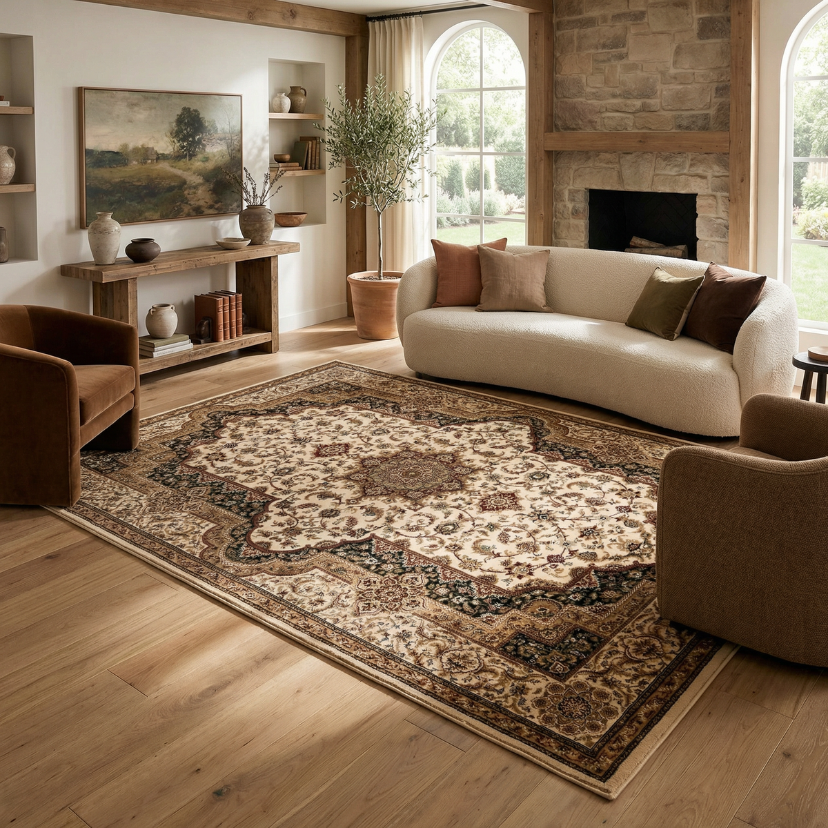Tapis crème traditionnel persan majestueux