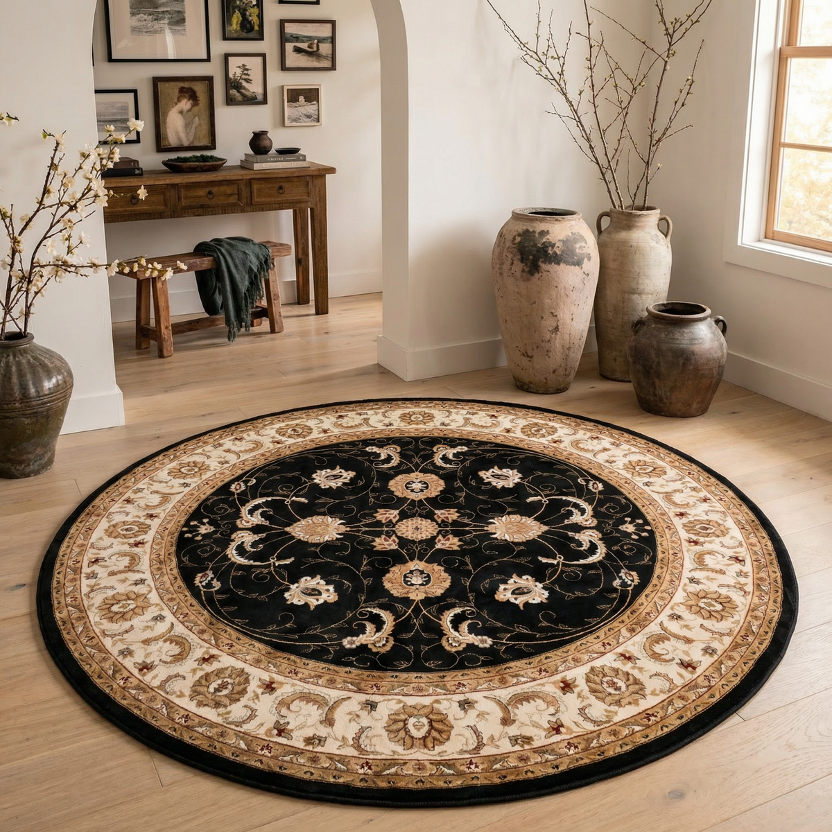 Fayez Persian Medallion Traditional Cream and Black Indoor Rug