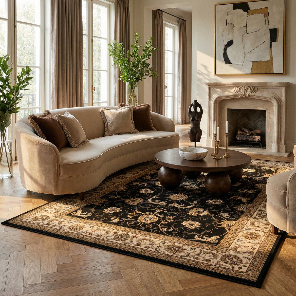 Fayez Persian Medallion Traditional Cream and Black Indoor Rug