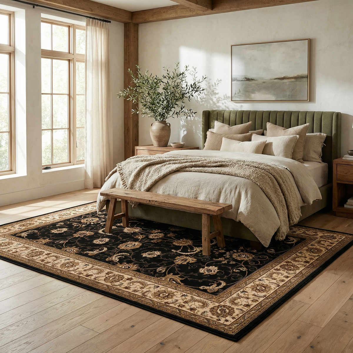 Fayez Persian Medallion Traditional Cream and Black Indoor Rug