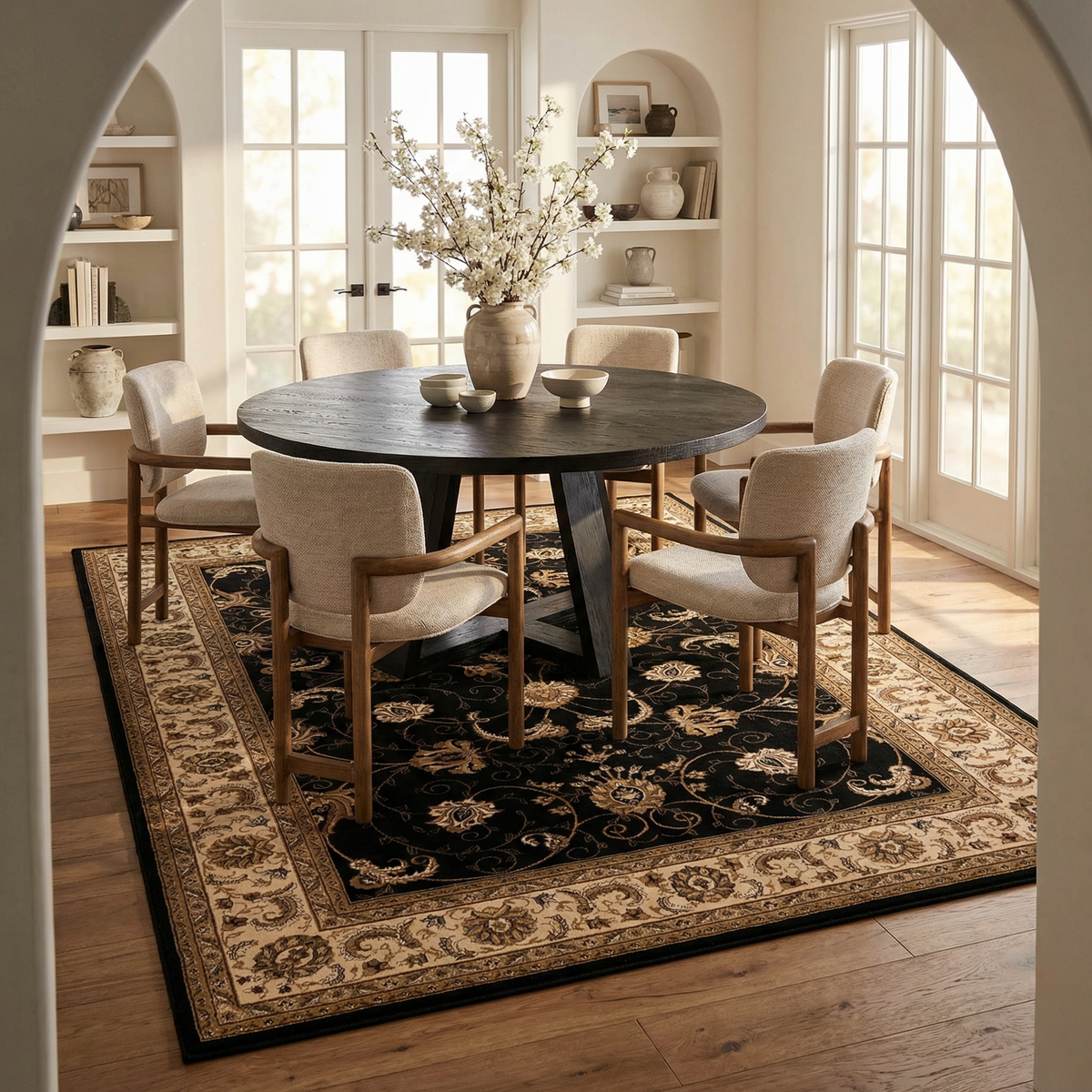 Fayez Persian Medallion Traditional Cream and Black Indoor Rug