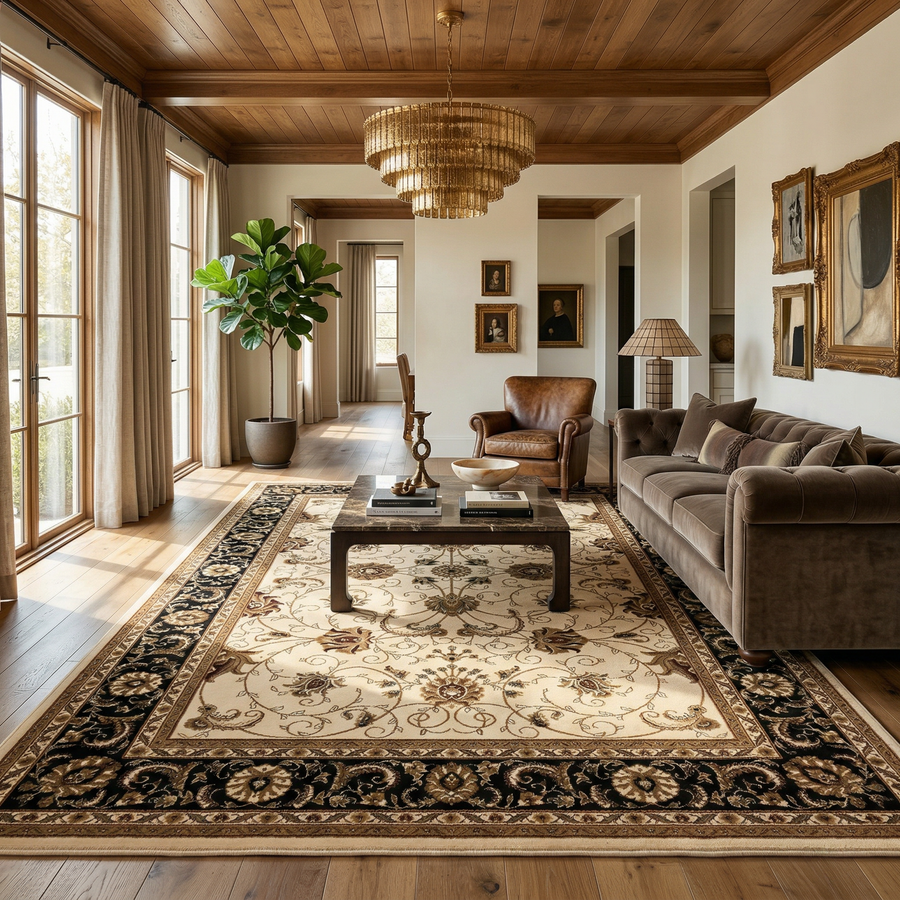 Fayez Persian Medallion Traditional Beige and Black Indoor Rug