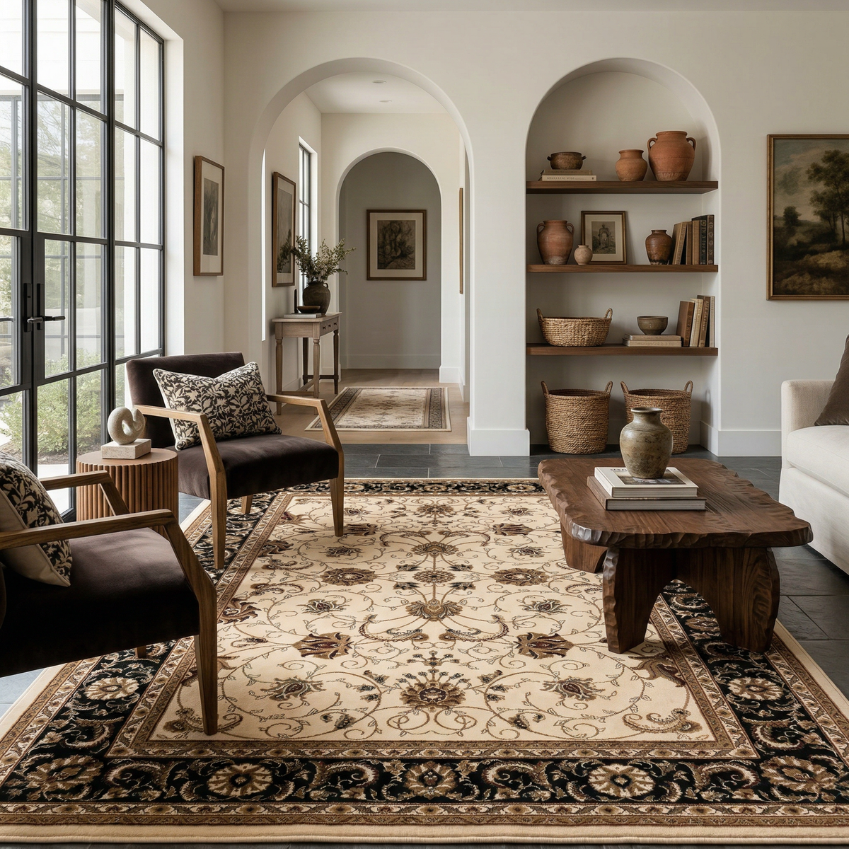 Fayez Persian Medallion Traditional Beige and Black Indoor Rug