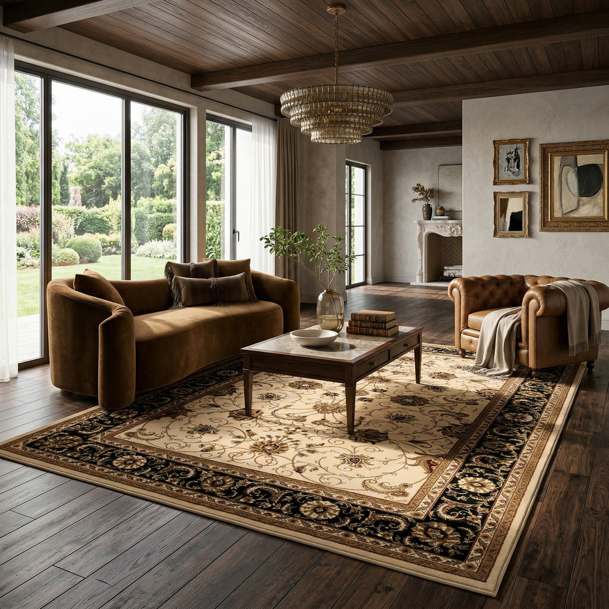 Fayez Persian Medallion Traditional Beige and Black Indoor Rug