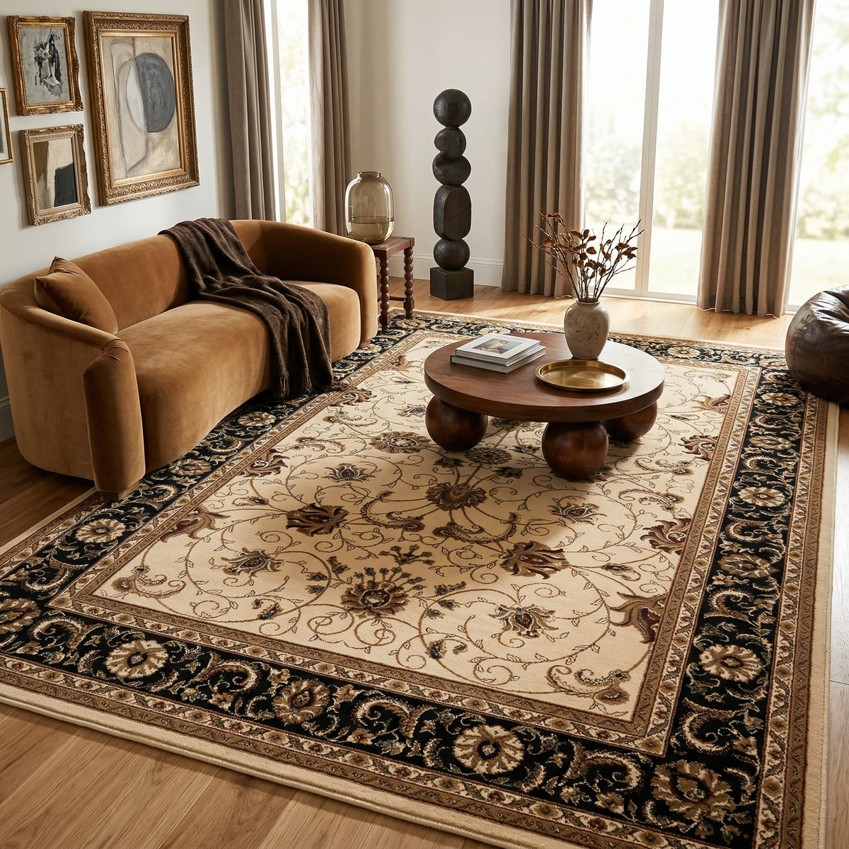 Fayez Persian Medallion Traditional Beige and Black Indoor Rug