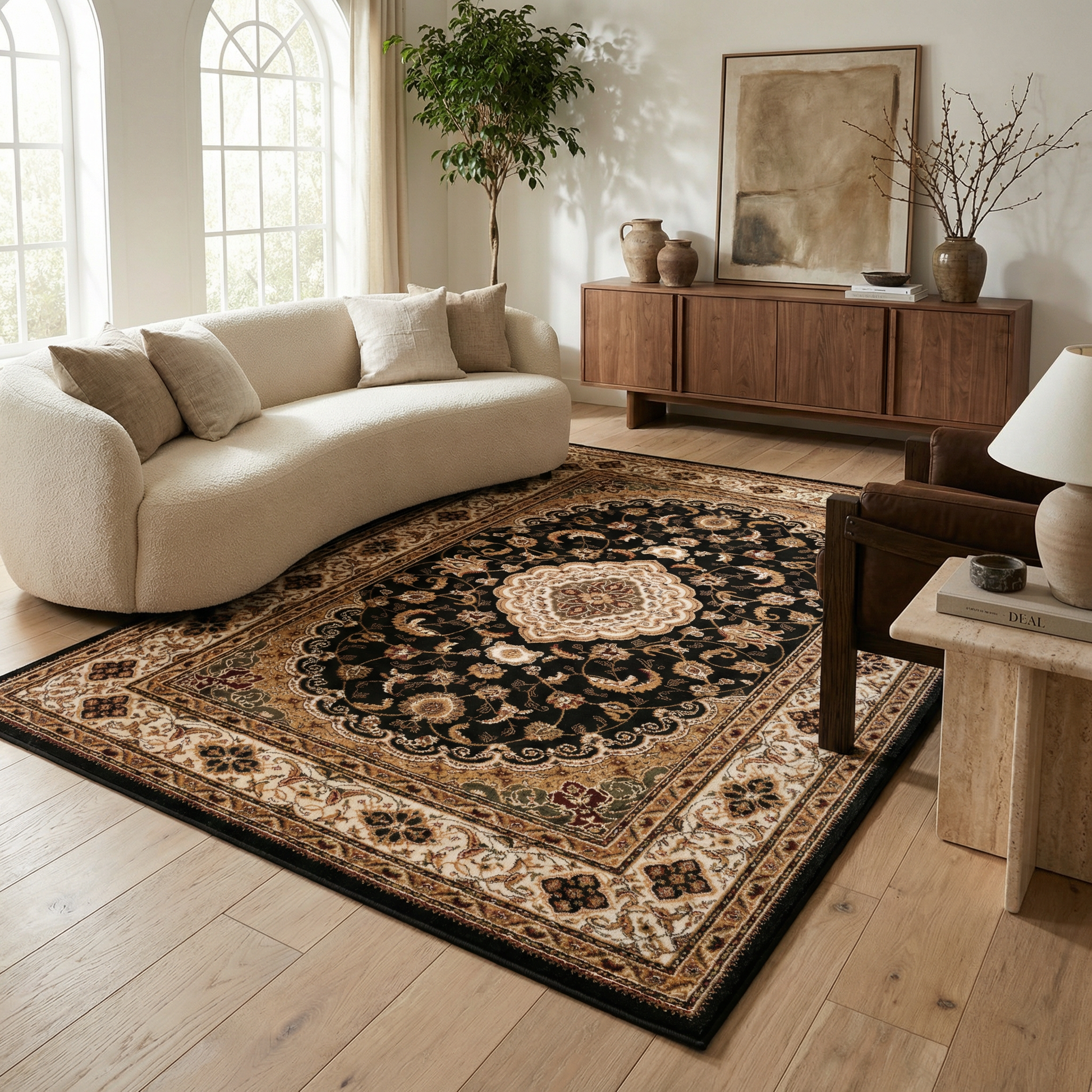 Zayn Persian Medallion Traditional Black and Beige Indoor Rug-4