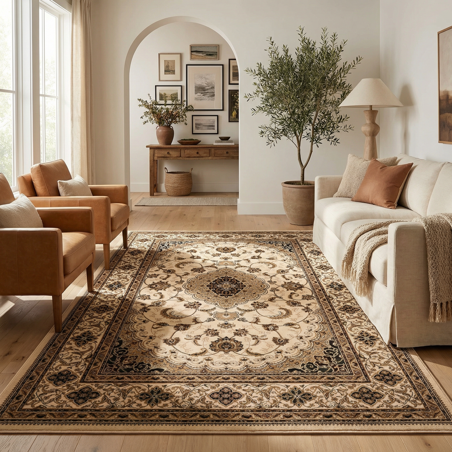 Anbar Persian Medallion Traditional Beige and Black Indoor Rug-2