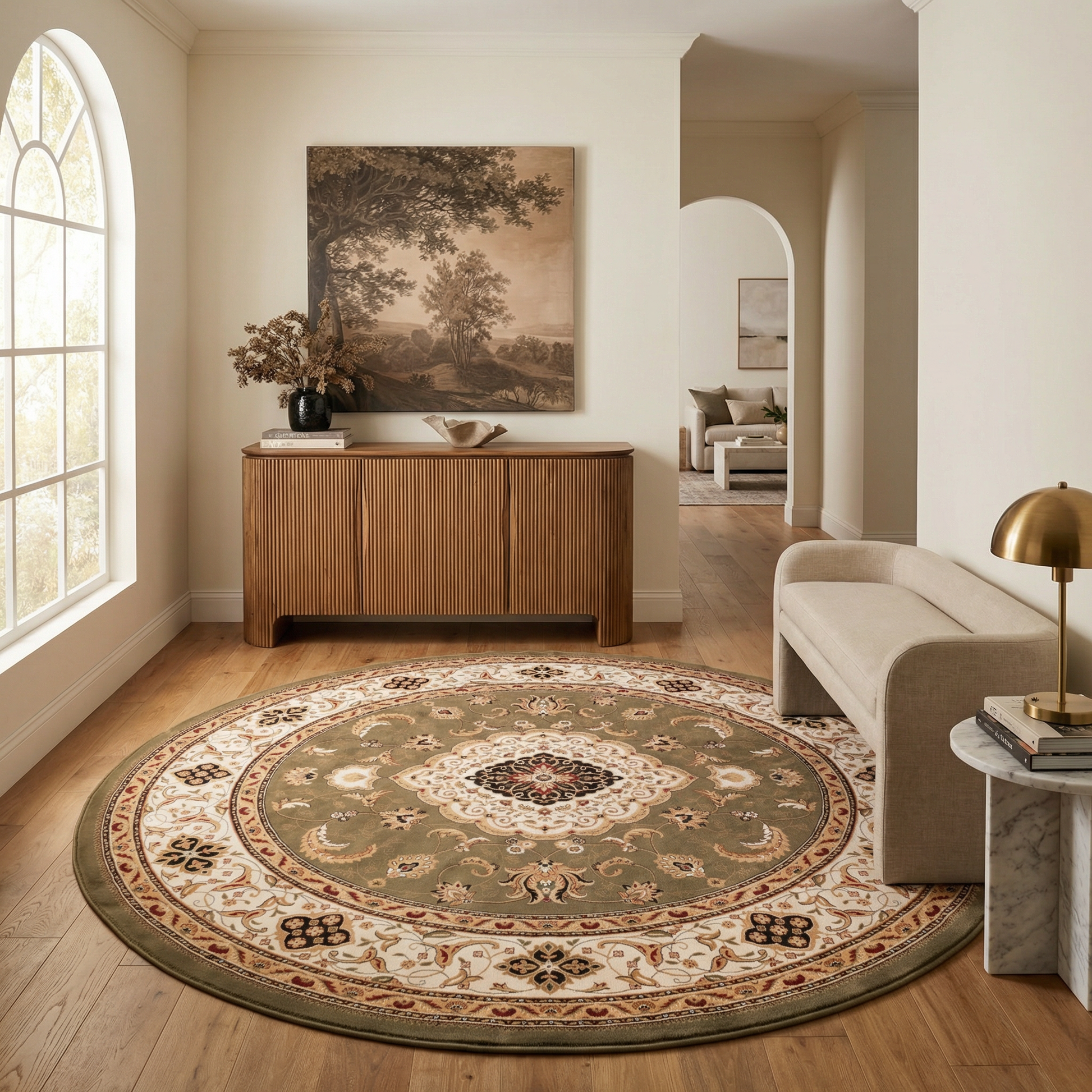 Diwan Persian Medallion Traditional Green and Beige Indoor Rug-13