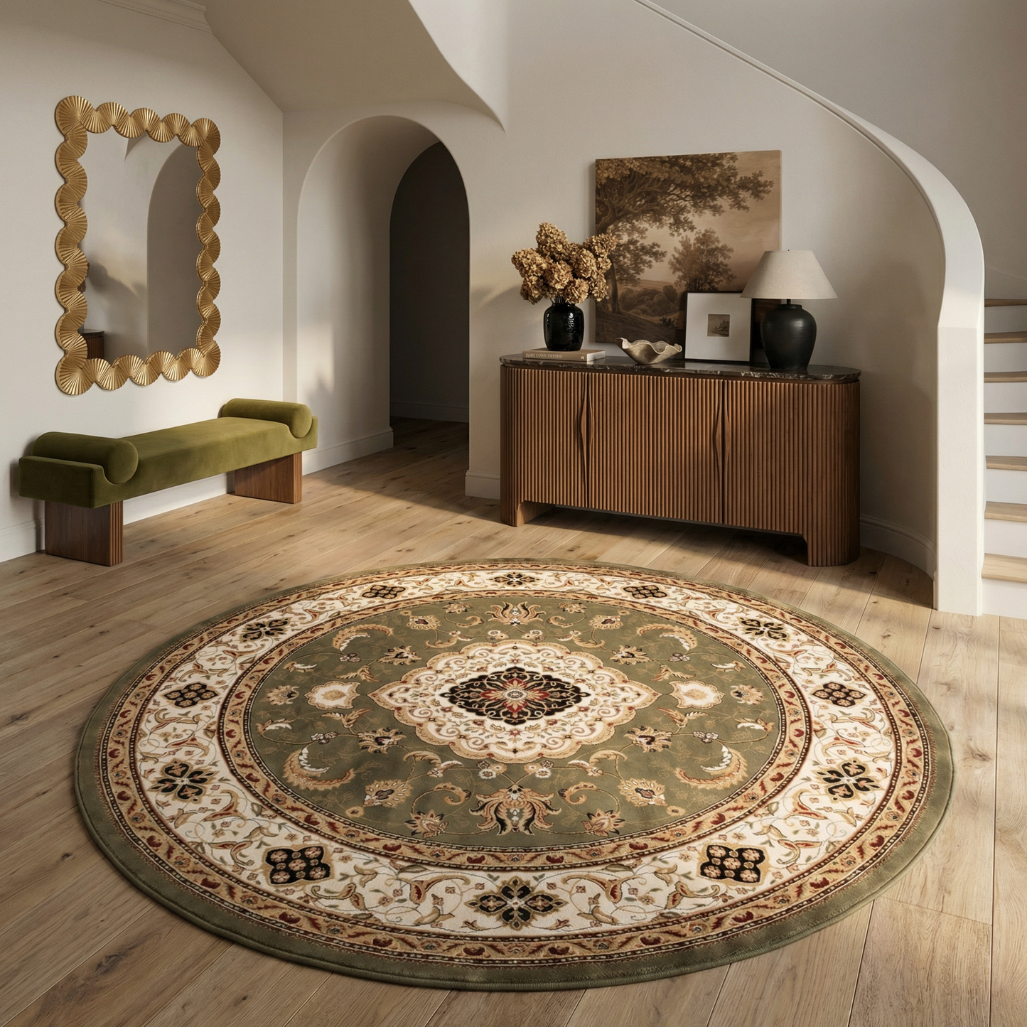 Diwan Persian Medallion Traditional Green and Beige Indoor Rug-15