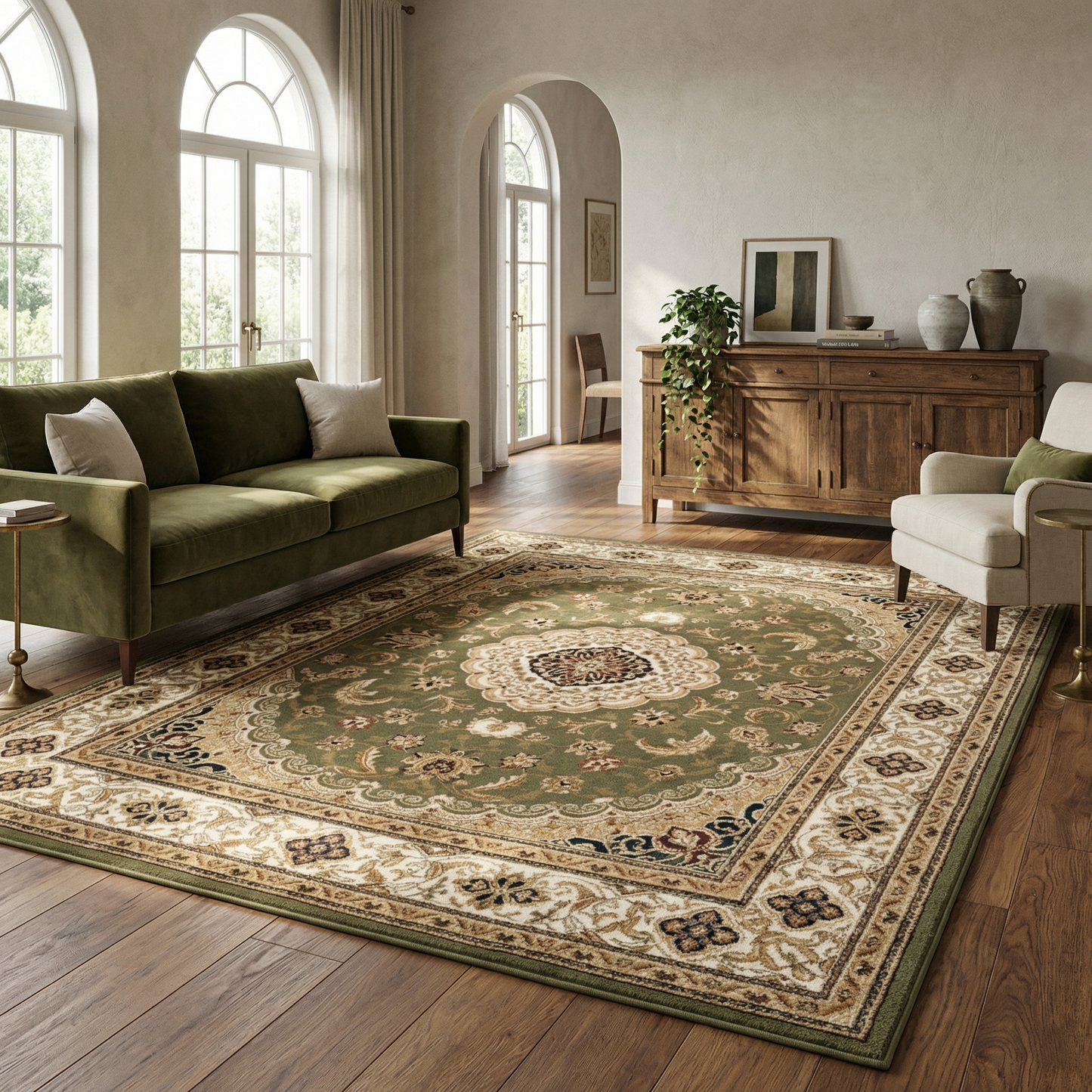 Diwan Persian Medallion Traditional Green and Beige Indoor Rug-2