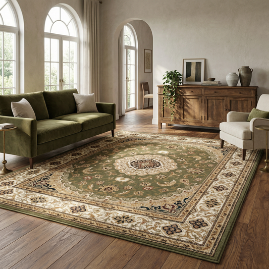 Diwan Persian Medallion Traditional Green and Beige Indoor Rug-2
