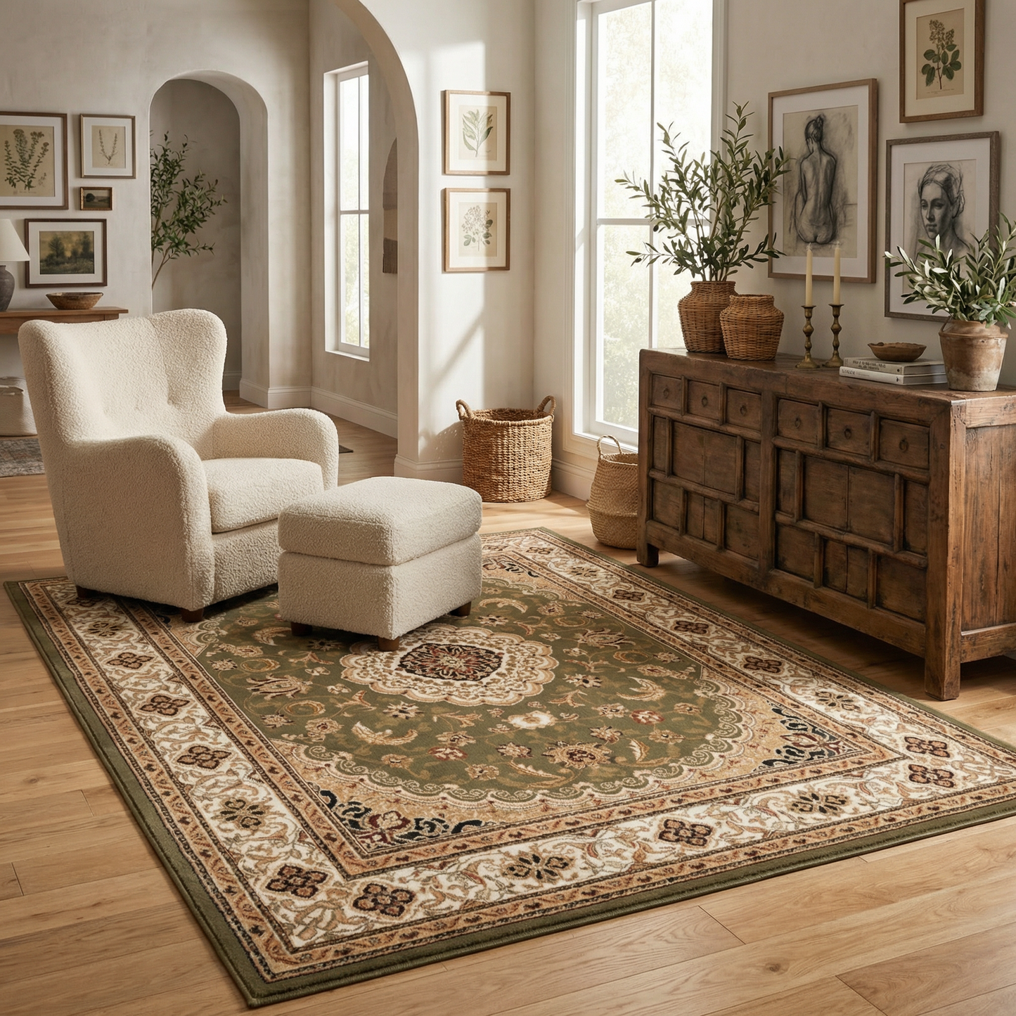 Diwan Persian Medallion Traditional Green and Beige Indoor Rug-4