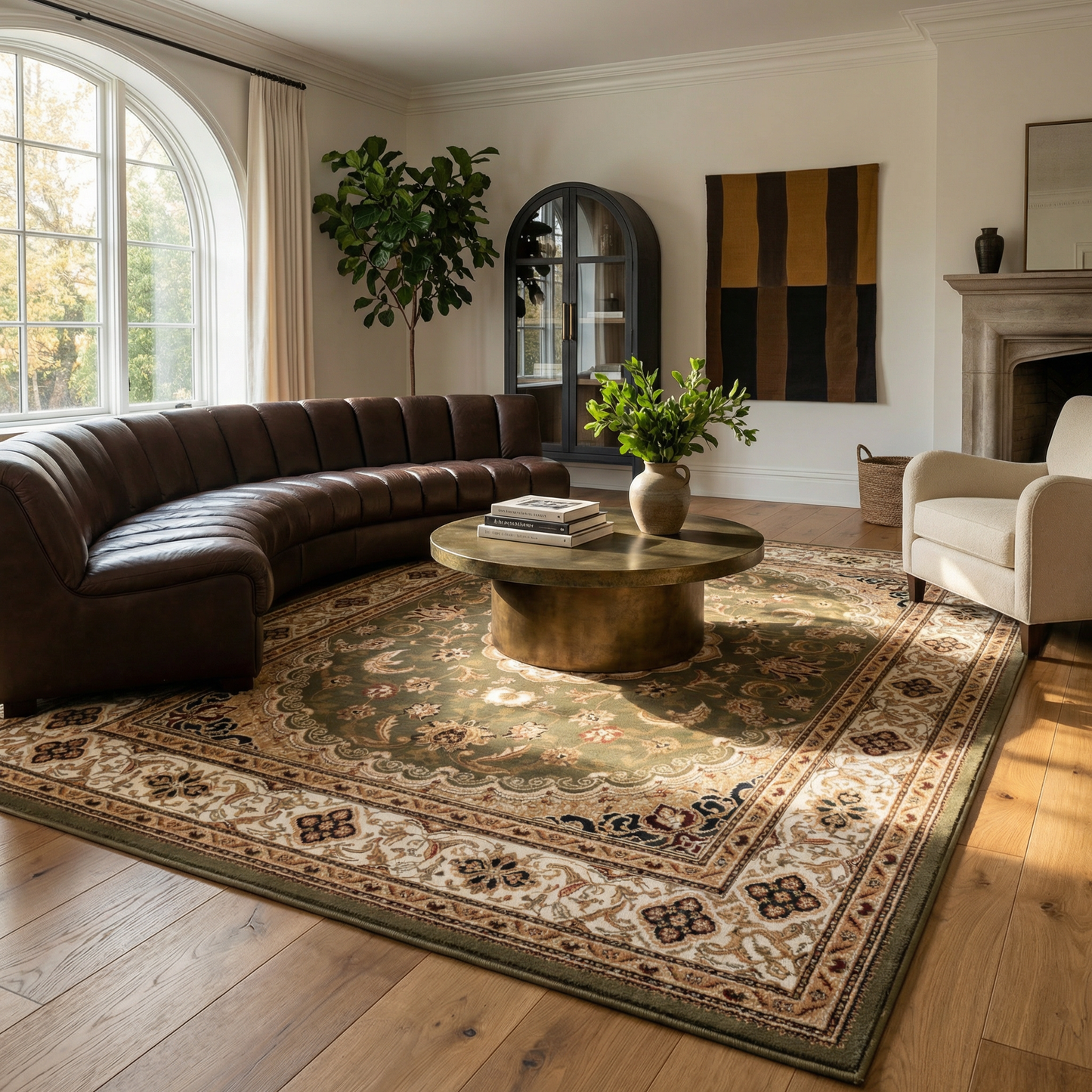 Diwan Persian Medallion Traditional Green and Beige Indoor Rug-5