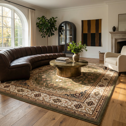 Diwan Persian Medallion Traditional Green and Beige Indoor Rug-5