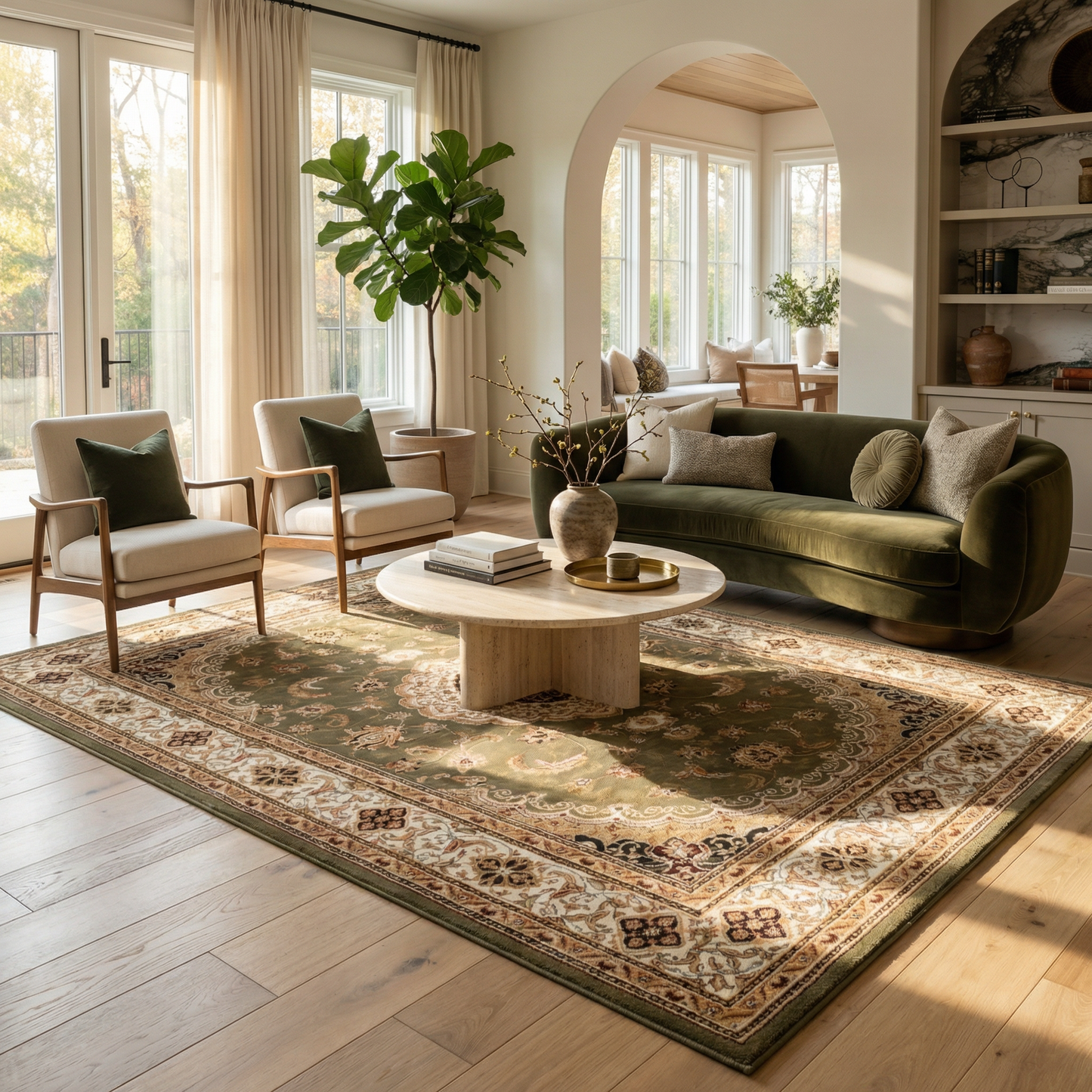 Diwan Persian Medallion Traditional Green and Beige Indoor Rug-6