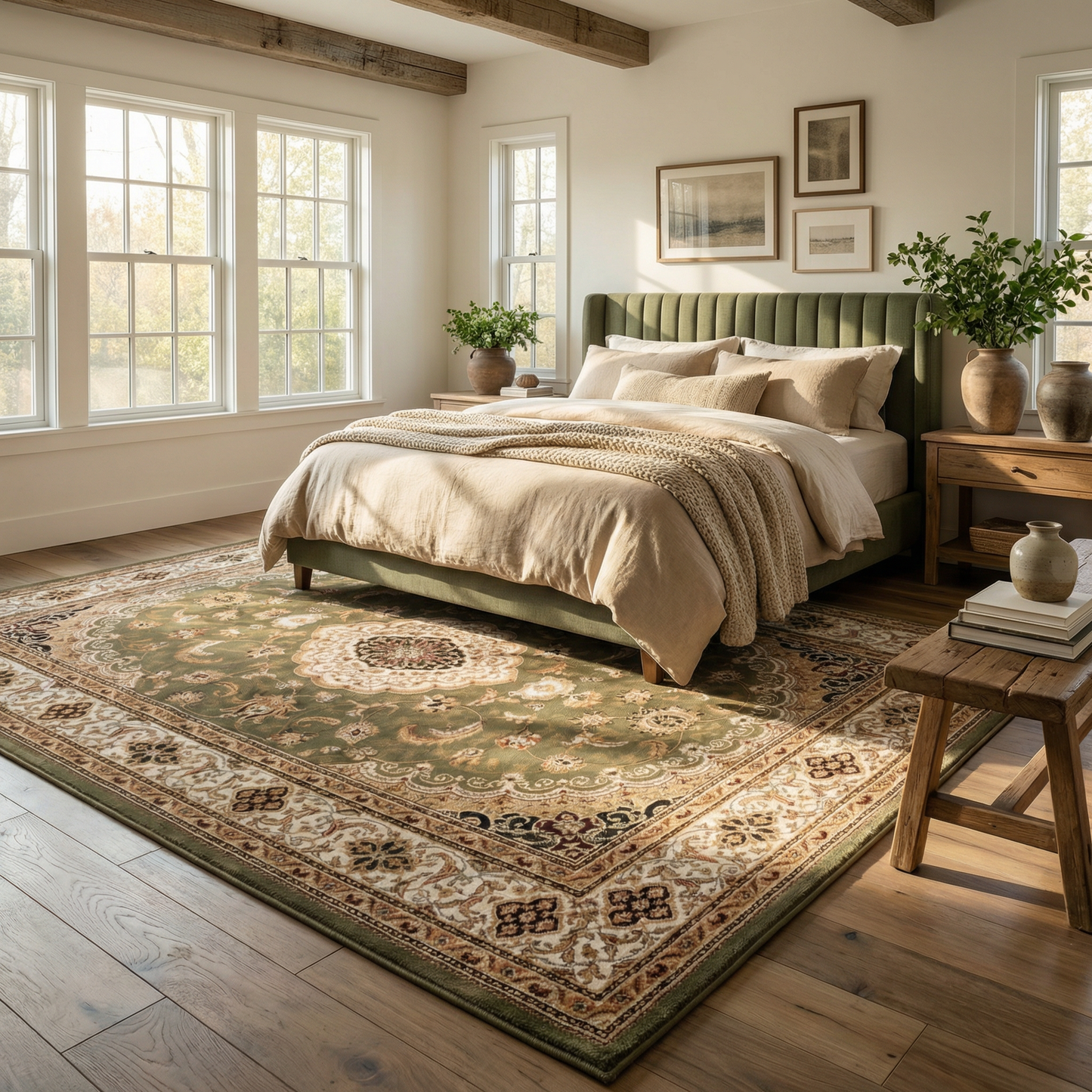 Diwan Persian Medallion Traditional Green and Beige Indoor Rug-7