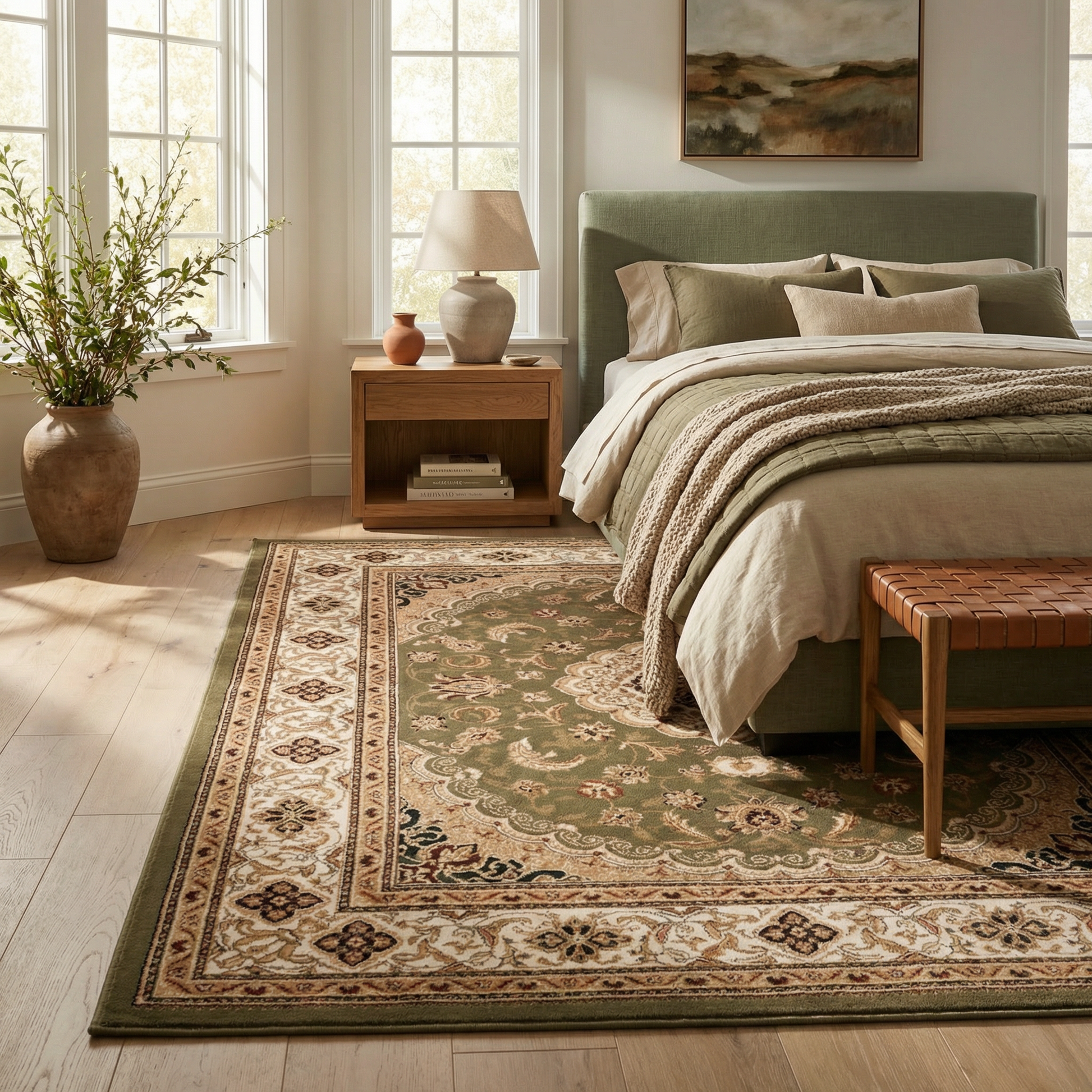 Diwan Persian Medallion Traditional Green and Beige Indoor Rug-8