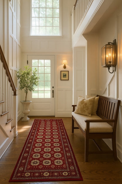 Rawda Oriental Bokhara Traditional Red and Beige Indoor Rug