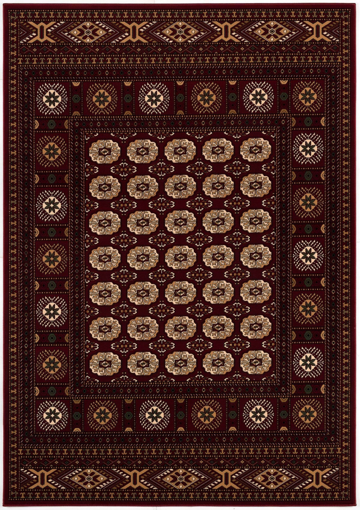 Rawda Oriental Bokhara Traditional Red and Beige Indoor Rug