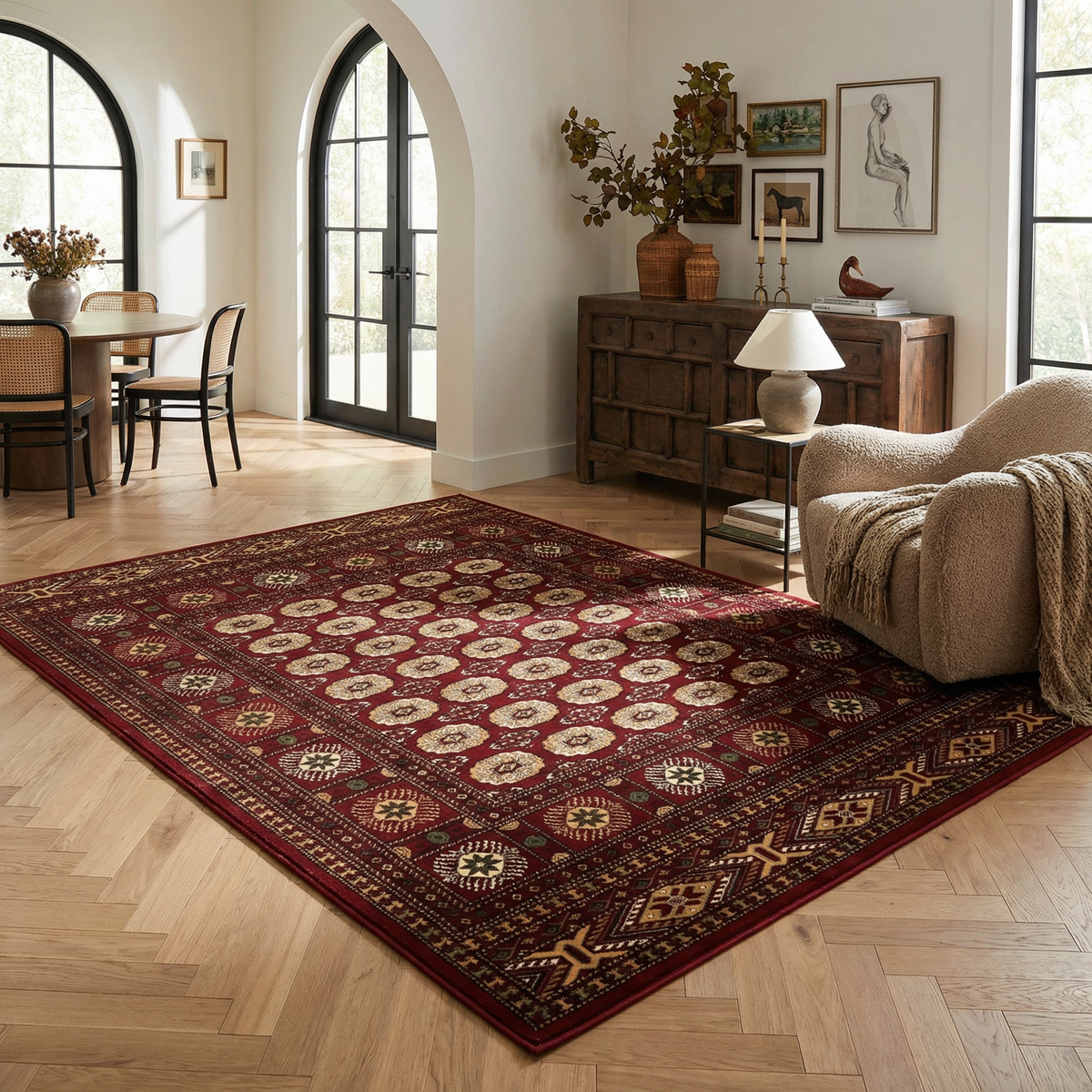 Rawda Oriental Bokhara Traditional Red and Beige Indoor Rug