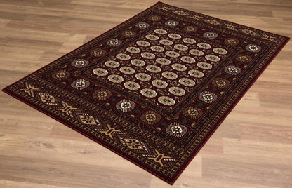 Rawda Oriental Bokhara Traditional Red and Beige Indoor Rug
